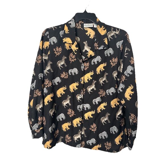Patchington Vintage Black Animals Novelty Black Print Button Front Blouse Size L - Picture 1 of 6